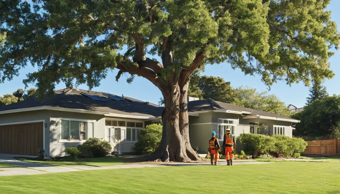 A tree removal crew working safely on a large tree beside a ranch home in Overland Park